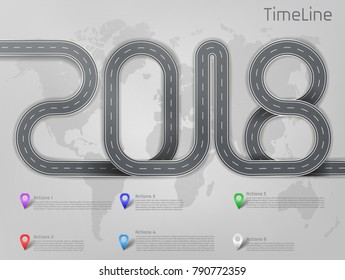 Vector company corporate 2018 car road milestone, timeline, business presentation layout, infographic strategic plan workflow with pointers marks, actions steps. Concept template illustration on grey