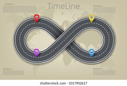 Vector Corporate Infinity Schild Form Auto-Straße Weltkarte Meilenstein Timeline Business Präsentation Layout Infografik Plan Workflow Zeiger Markierungen, Action Schritt. Concept Template-Illustration