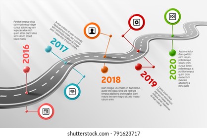 Vector company corporate milestone, history timeline, business presentation layout, infographic strategic plan workflow, grey background. Car curved road with years, marks, info icon, concept template