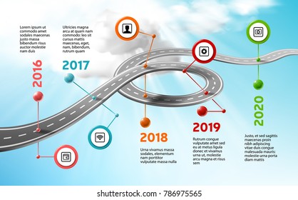 Escala de hitos corporativos de la empresa vectora, diseño de presentación de negocios, flujo de trabajo de plan estratégico infográfico, claro, fondo de cielo en la nube. Carretera curvada del coche, años, marcas, iconos de información, plantilla de concepto