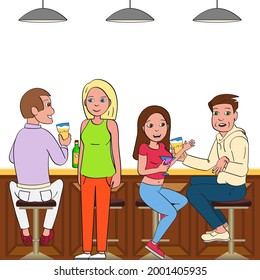 
Vector a company of four people is sitting in a bar on chairs at the counter, drinking and talking in colorful clothes. A man speaks to a woman