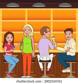 Vector a company of four people is sitting in a bar on chairs at the counter, drinking and talking in colorful clothes. Woman talking to woman. In the background a shelf for drinks