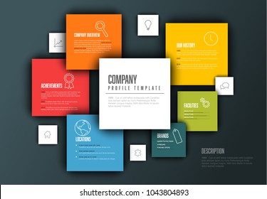 Vector Company infographic overview design template with content in the colorful squares - dark version