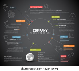 Vector Company infográfico modelo de projeto visão geral com rótulos coloridos e ícones - versão escura