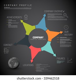 Vector Company infographic overview design template with colorful arrows and icons - dark version