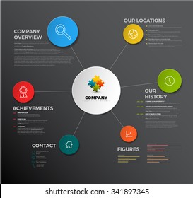 Vector Company infographic overview design template with icons - dark version