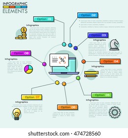 Vector Company infographic overview design template in thin line style. Can be used for workflow layout, diagram, number options, web design, timeline.