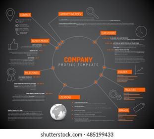 Vector Company infographic overview design template with orange  labels and icons - dark version