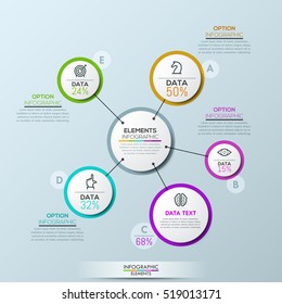 Vector company infographic overview design template: circular flower petal diagram with 5 multicolored elements connected with center. Proportion and percentage of annual revenue. Stock illustration.