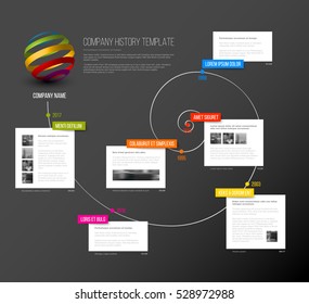 Vector Company infographic overview design template with colorful labels and white blocks on a time spiral - dark version