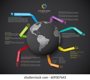 Vector Company infographic overview design template with paper stripes, polygonal world and icons - dark version.