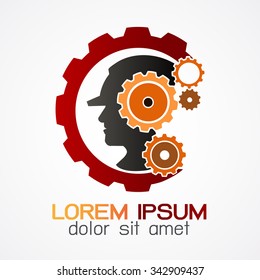 Vector company logo element template of Head in gears. Construction man head brain shape with gears idea concept innovation genius