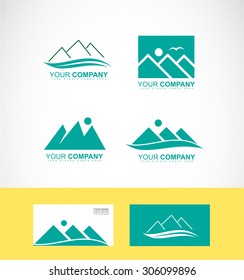 Vector company logo icon element template mountain green peak sun bird rising behind tourism