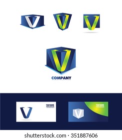Vector company logo icon element template alphabet letter v cube 3d blue green set