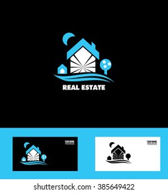 Vector company logo icon element template real estate house roof dog tree home property residential blue white black background