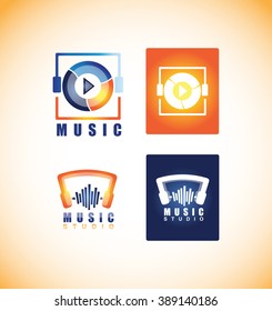 Vector company logo icon element template music player play button app sound studio recording headphones