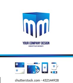 Vector company logo icon element template alphabet letter M cube blue games media