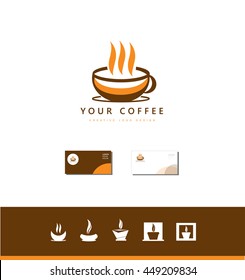 Vector company logo icon element template hot brown coffee cup shop set