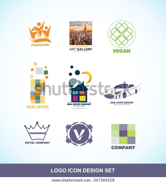 Vector company logo icon element template set\
teamwork art gallery painting vegan badge real estate skyscraper\
house home car auto king\
crown