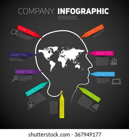 Vector company name brochure template with head, world map and paper stripes, icons infographics, dark version