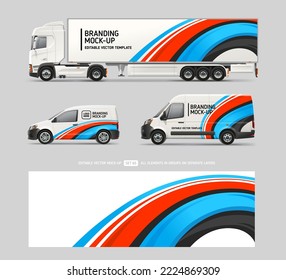 Vector company Van, Car, Truck trailer mockup with wrap design for branding and corporate identity. Abstract graphics of red and blue stripes for business background. Wrap design. Branding vehicle
