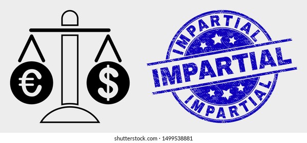 Vector compare euro dollar icon and Impartial seal stamp. Red rounded grunge seal stamp with Impartial caption. Vector composition in flat style. Black isolated compare euro dollar icon.