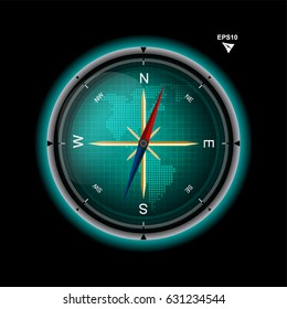 vector of a compass with blue  fluorescent color scheme on black background