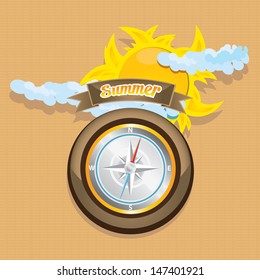 vector Compass vector Icon. vector navigation or traveling collage. travel icon with blue sky and tropical summer sun.