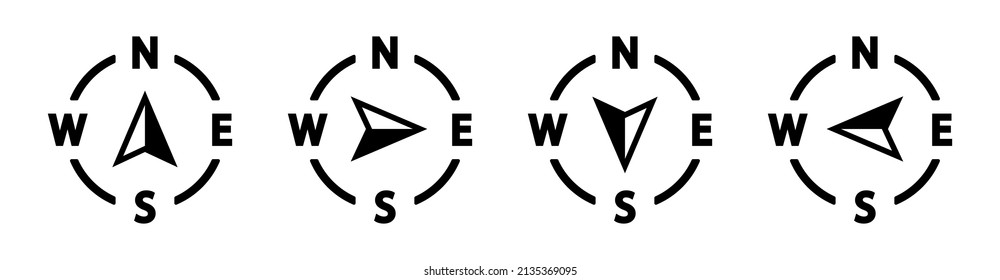 Iconos de brújula vectorial en dirección norte, sur, este y oeste. Símbolo de mapa. Icono de flecha. Ilustración vectorial.	