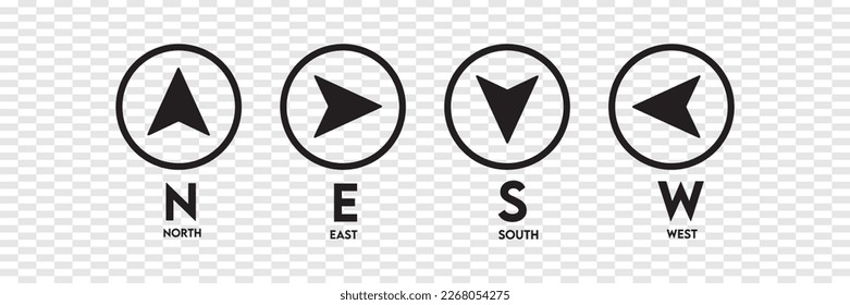 Vector compass icons of north, south, east and west direction. Compass icons set. Map symbol.