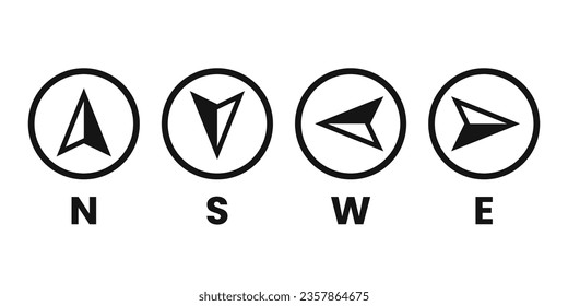 Vector compass icons of north, south, east, and west direction. Map symbol. Arrow icon.