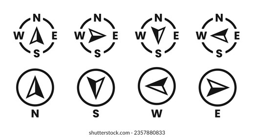 Iconos de brújula vectorial en dirección norte, sur, este y oeste. Símbolo de mapa. Icono de flecha.