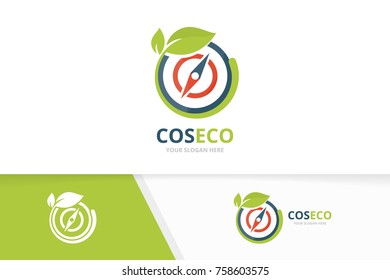 Vector compass and leaf logo combination. Navigation and eco symbol or icon. Unique travel and organic logotype design template.