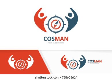 Vector compass and people logo combination. Navigation and family symbol or icon. Unique travel and union, help, connect, team logotype design template.