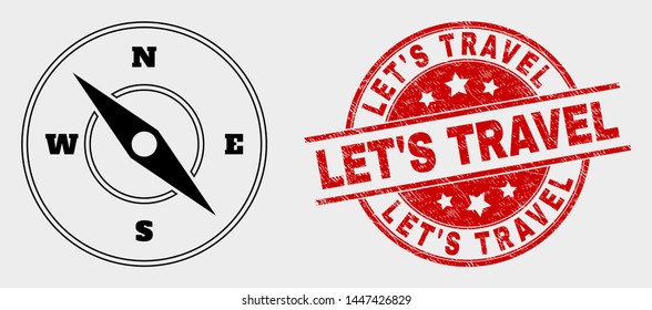 Vector compass pictogram and Let'S Travel seal stamp. Red round distress seal stamp with Let'S Travel text. Vector composition for compass in flat style. Black isolated compass pictogram.