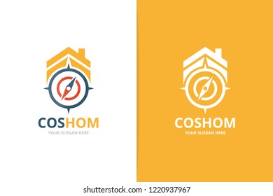 Vector compass and real estate logo combination. Navigation and house symbol or icon. Unique travel and rent logotype design template.