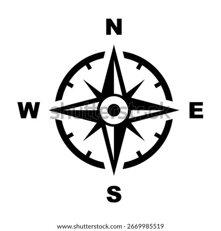 Vector compass rose with cardinal directions N, S, E, W. Classic navigation symbol for maps, travel, adventure, orientation and nautical design.