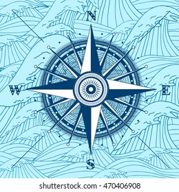 Vector compass rose detailed illustration for vacation project. Travel tool design with sea waves background