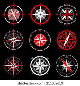 Vector compass rose icon set on dark background