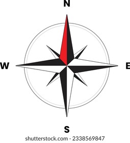 Vector compass rose with North, South, East and West indicated. Black wind rose isolated on white. Compass icon vector on white background