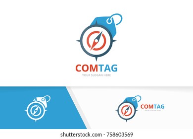 Vector compass and tag logo combination. Navigation and shop symbol or icon. Unique travel and label logotype design template.