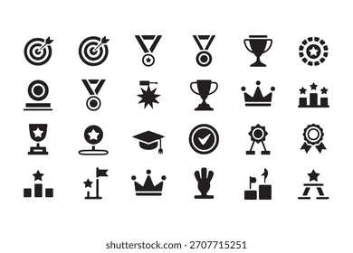 Concurso de Vector que presenta una colección diversa de premios negros e íconos de logros sobre fondo blanco Palabras claves: premio, logro, ícono, símbolo, trofeo, medalla, cinta, corona, estrella, objetivo,...
