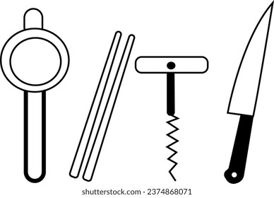 A vector compilation of diverse kitchen tools, featuring a strainer, chopsticks, corkscrew, and a knife, suitable for various culinary and kitchen-themed projects.