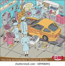 Vector complete color illustration of car repair service room represented as surgery room with many details, 6 specialist and one cat. Hand draw tracing by original image point by point.