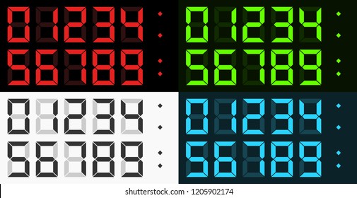 Vector complete set of led style digital clock numbers (0-9) in four different color combinations