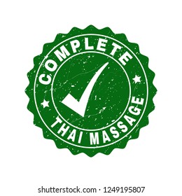 Vector Complete Thai Massage scratched stamp seal with tick inside. Green Complete Thai Massage imprint with grainy style. Round rubber stamp imprint.