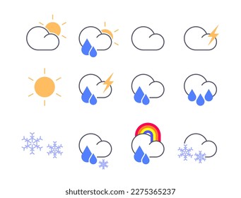 Vektorsymbol für vollständiges Wettersymbol, flaches Wettersymbol, bewölkt, sonnig, Regen, Regenbogen, Splitter, Schnee