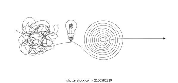 Vector Complex to Simple Transformation Way, Arrow and Lightbulb, Black and WhiteIllustration, Messy Line Thoughts Changing by Idea to Simple Way.