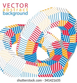 Vector complicated 3d backdrop, modern digital technology style form. Abstract stripy bright three-dimensional background, two rings connected.