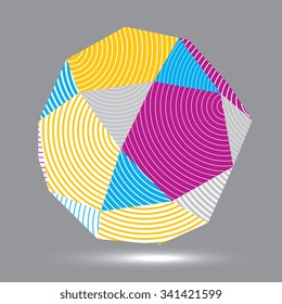 Vector complicated 3d shape, modern digital technology style form. Abstract stripy bright three-dimensional object. 
